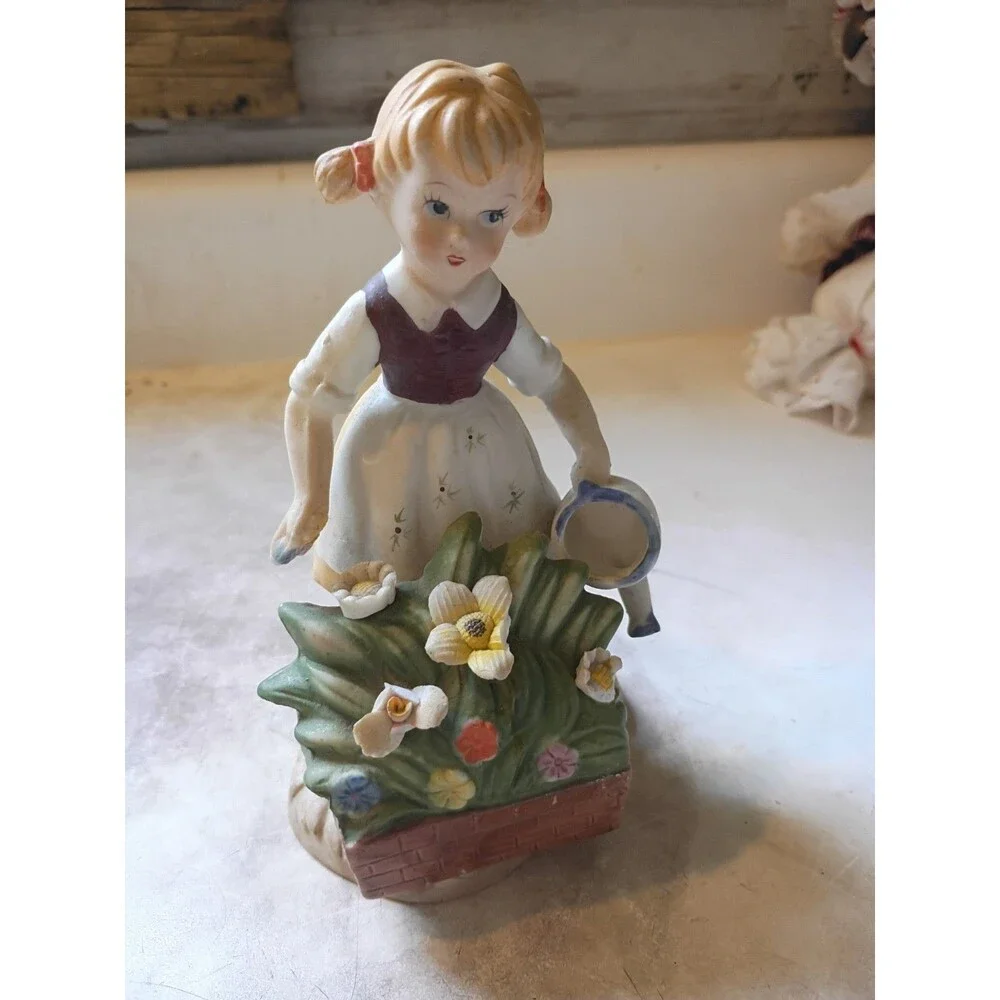 Vintage UCGC Korea Porcelain Figurine Set Boy Reading & Girl Watering Flowers